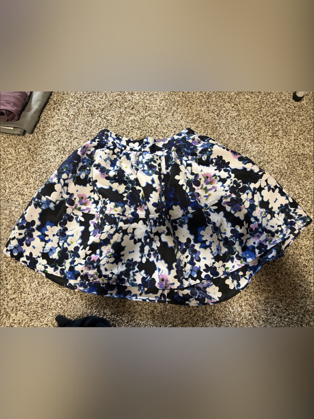 Express Floral poof Skirt in White, Black, Blue & Purple.